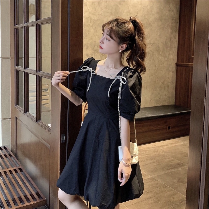 IELGY   Đầm Midi Tay Phồng Màu Đen Phong Cách Pháp Thời Trang Cho Nữ