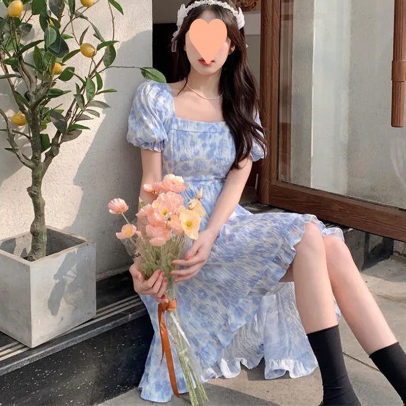 IELGY   Đầm Cổ Vuông Họa Tiết Hoa Thiết Kế Không Đồng Đều Xinh Xắn Thời Trang Theo Phong Cách Pháp