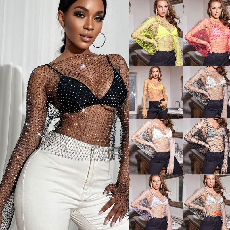 Xiangbao Áo Crop Top Lưới Cá Đính Đá Lấp Lánh Gợi Cảm Cho Nữ Rave Outf
