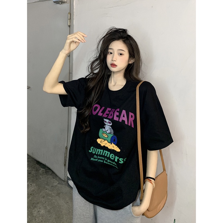 Áo phông Cotton Cổ Tròn Tay Ngắn Dáng Rộng In Họa Tiết Thời Trang Mùa Hè Phong Cách Hàn Quốc Cho Nữ