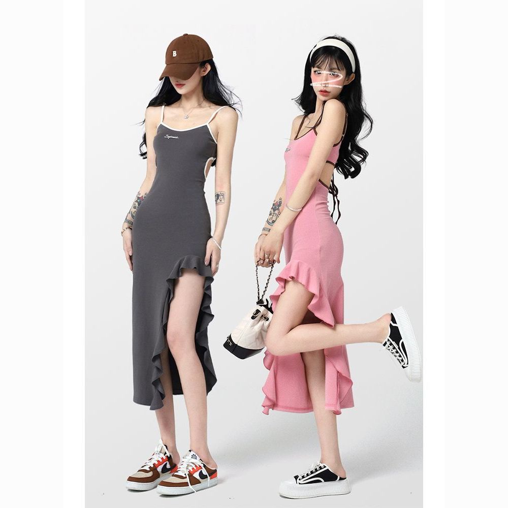 Đầm Hai Dây Hở Lưng Xẻ Tà Thời Trang Mùa Hè Phong Cách Mỹ Cổ Điển Quyến Rũ Cho Nữ Plus Size