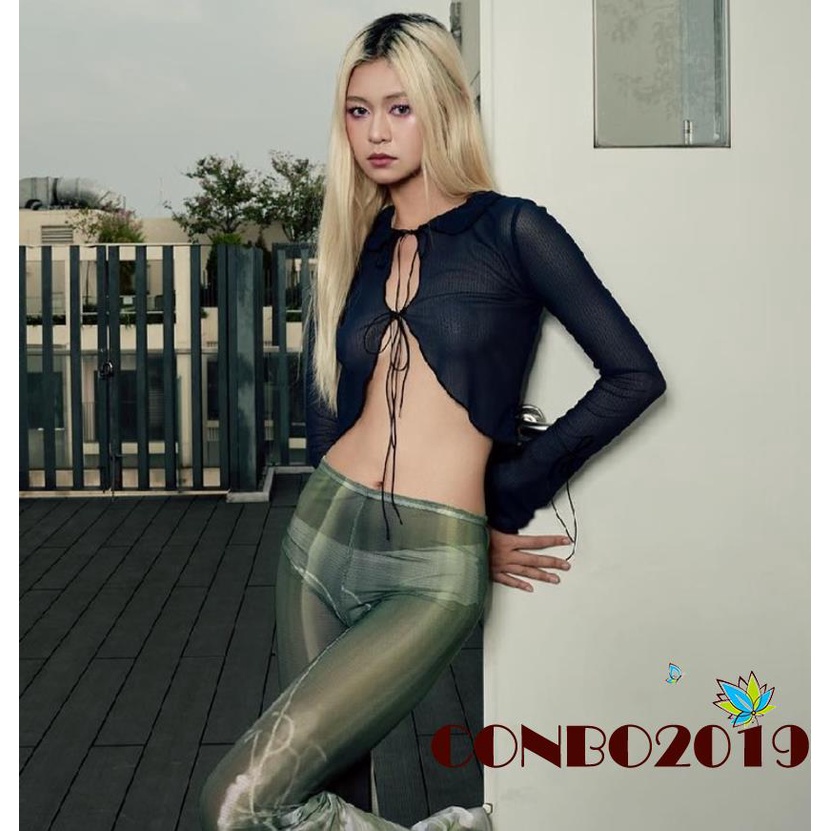 Áo Croptop Tay Dài Dáng Ôm Màu Đen Cột Dây Phía Trước Thời Trang Xuân Hè Cho Nữ