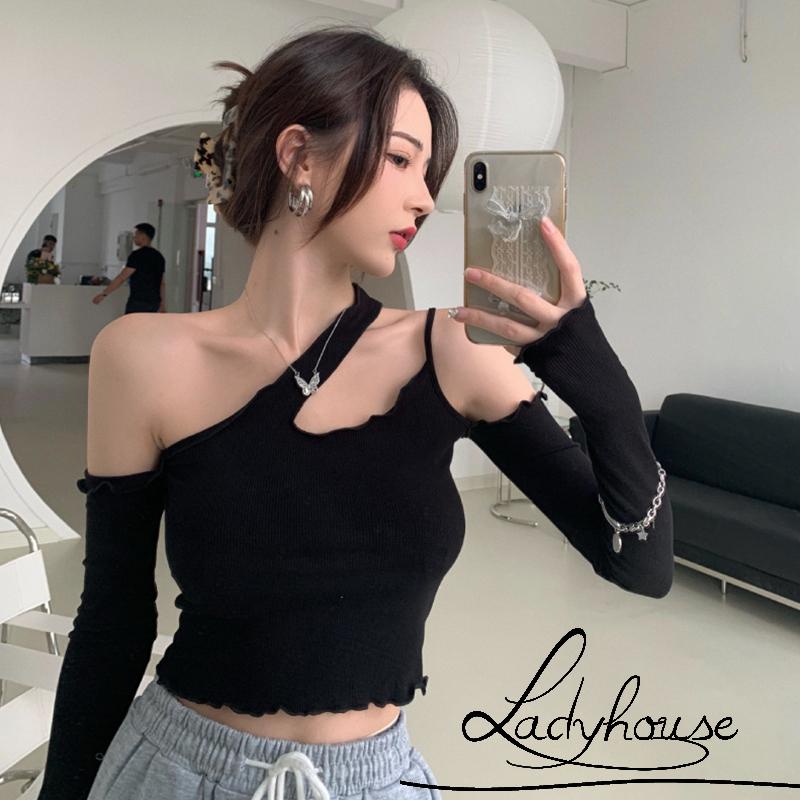 Áo Croptop Tay Dài Khoét Vai Màu Sắc Thanh Lịch Cho Nữ