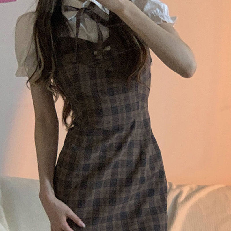 IELGY  Đầm polo Giả Hai Lớp Tay Phồng Họa Tiết Sọc Caro Phong Cách Học Sinh Dành Cho Nữ