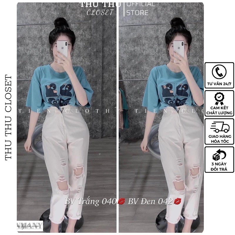 Quần bò baggy rách gối siêu đẹp, 2 màu trắng, đen. Size S M L