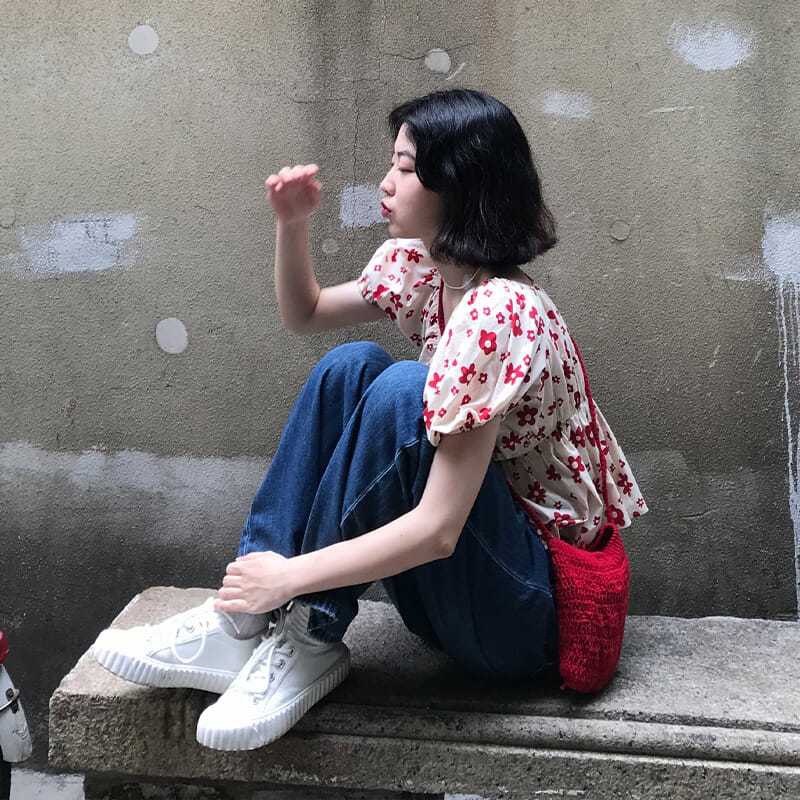 IELGY  Áo Sơ Mi Ngắn Tay Phồng Mềm Mại In Hoa Ngọt Ngào Phong Cách Pháp Thời Trang Cho Nữ