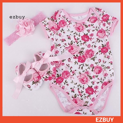 Bộ Áo Liền Quần In Hoa + Băng Đô Dễ Thương Cho Bé Gái