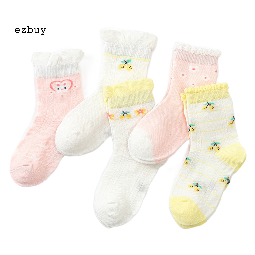 [EY] Set 5 Đôi Tất Lưới Mỏng Thoáng Khí Chống Mài Mòn In Họa Tiết Hoạt Hình Ngang Mắt Cá Chân Cho Bé Gái Trong Nhà