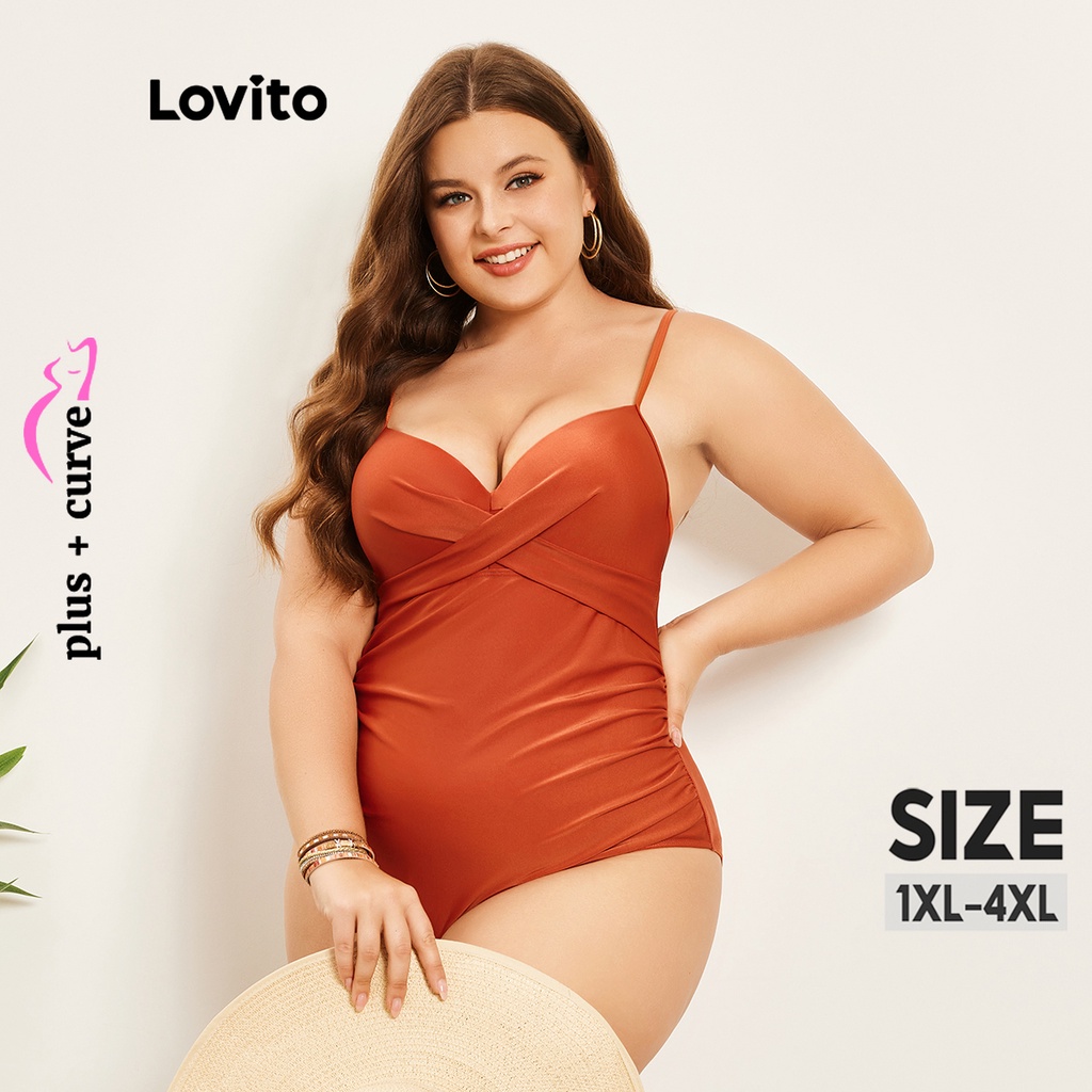 Đồ bơi Lovito một mảnh quấn chéo xếp nếp màu trơn thường ngày tôn đường cong size lớn cho nữ LPS07067 (Màu nâu)