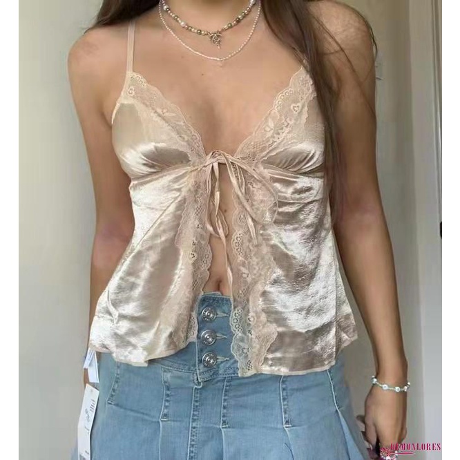 Áo Crop Top Hai Dây Phối Ren Y2K Thời Trang Mùa Hè Gợi Cảm Cho Nữ