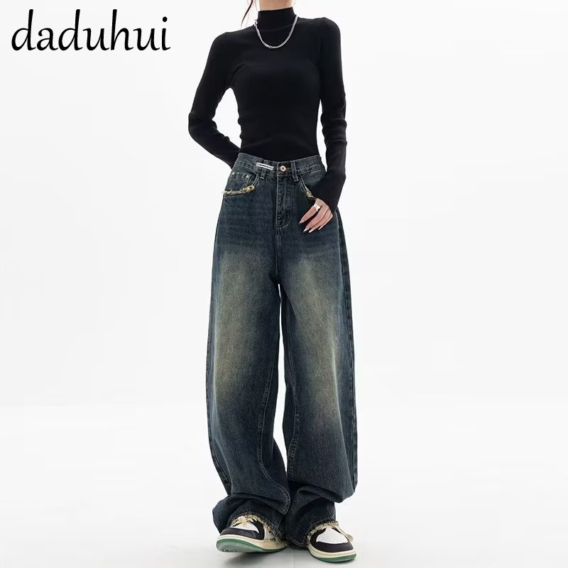 Daduhui New American Street Retro WOMEN'S Jeans High Waist Loose Wide Leg Pants plus Size Trousers