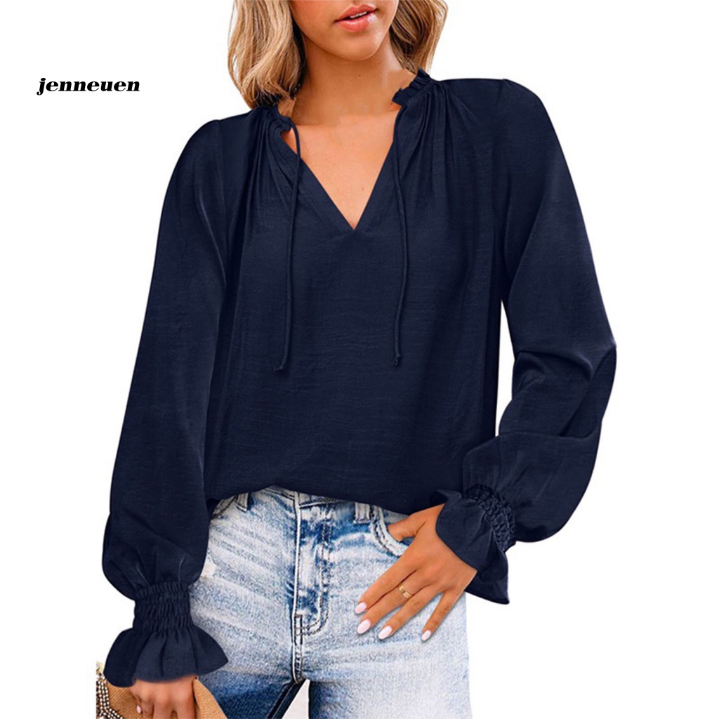 Áo Sơ Mi Voan Tay Dài Phồng Cổ Chữ V Màu Trơn Thắt Dây Phía Trước Kiểu Dáng Đơn Giản Cho Nữ