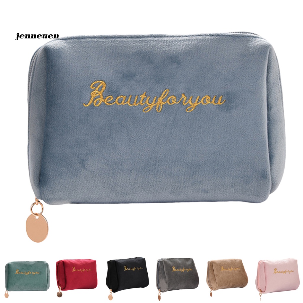 Jen Túi Đựng Mỹ Phẩm Đồ Trang Điểm Bằng Nhung Mịn Khóa Kéo Thêu Chữ Phong Cách Hàn Quốc Đẹp Mắt Dành Cho Nữ Dùng Tại Nhà