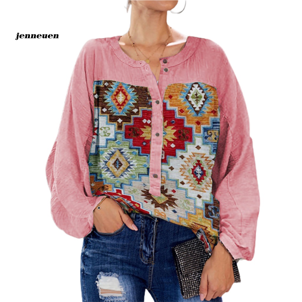 Áo Thun Polyester Cổ Tròn In Họa Tiết Hình Học Phong Cách Vintage Dành Cho Nữ