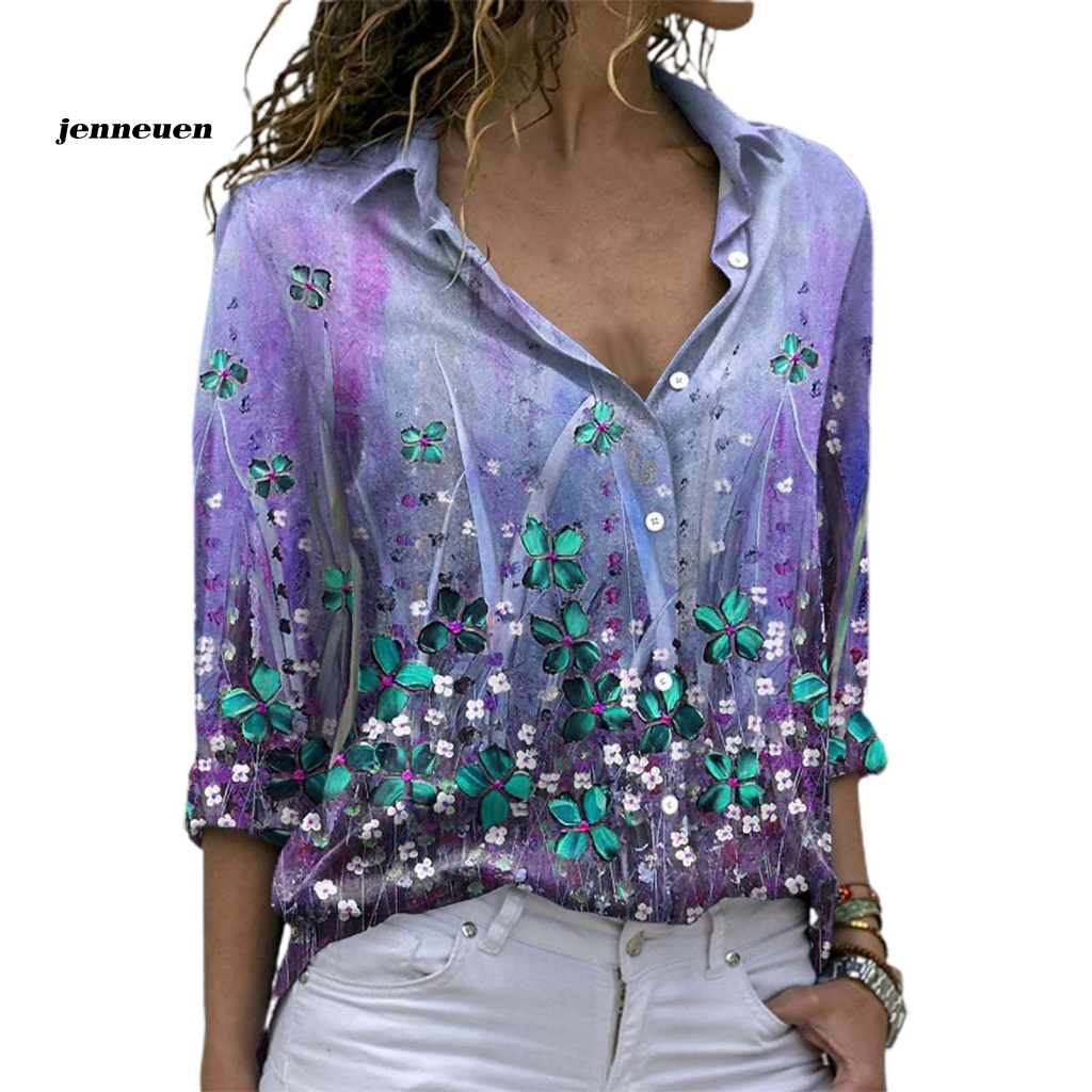 Áo Sơ Mi Tay Dài Cổ Bẻ Vải Mềm Cài Nút In Hoa Xinh Xắn Thời Trang Cho Bạn Gái