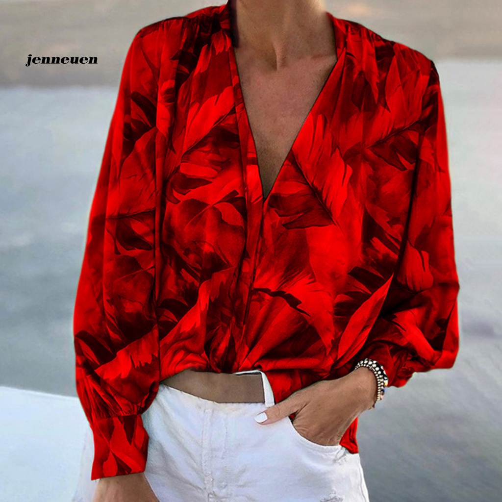 Áo Sơ Mi Tay Phồng Cổ Chữ V In Họa Tiết Lá Cây Phong Cách Vintage Dành Cho Nữ