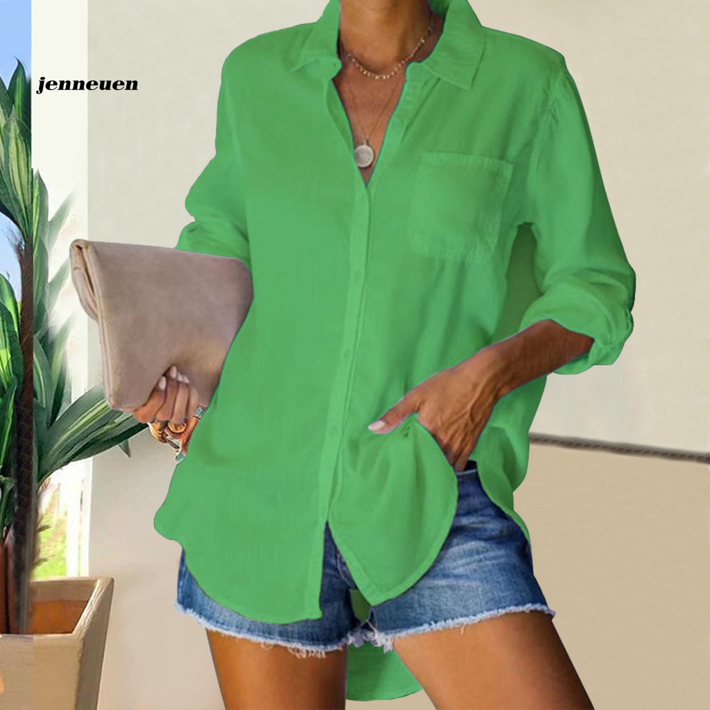 Áo Sơ Mi Tay Dài Cổ Bẻ Dáng Rộng Màu Sắc Trơn Thời Trang Mùa Xuân Xinh Xắn Cho Nữ