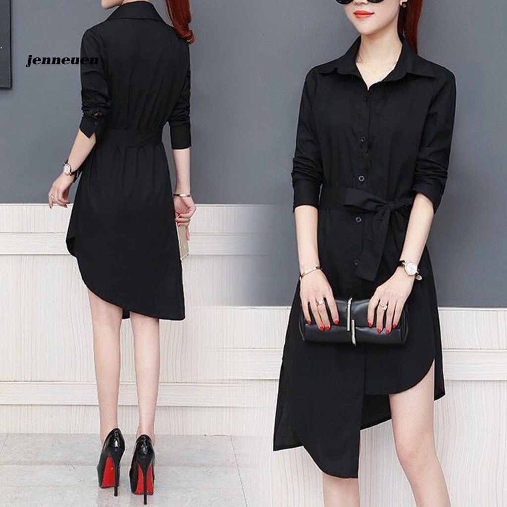 Jen Áo Sơ Mi Tay Dài Dáng Rộng Bằng Polyester Thắt Eo Không Đều Màu Dễ Phối Đồ Dành Cho Bạn Nữ