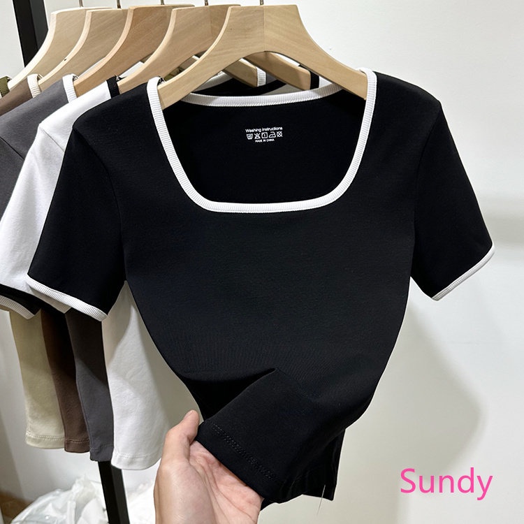 Áo Thun 100% Cotton Tay Ngắn Cổ Vuông Màu Khối Đơn Giản Thời Trang Mùa Hè Dành Cho Nữ