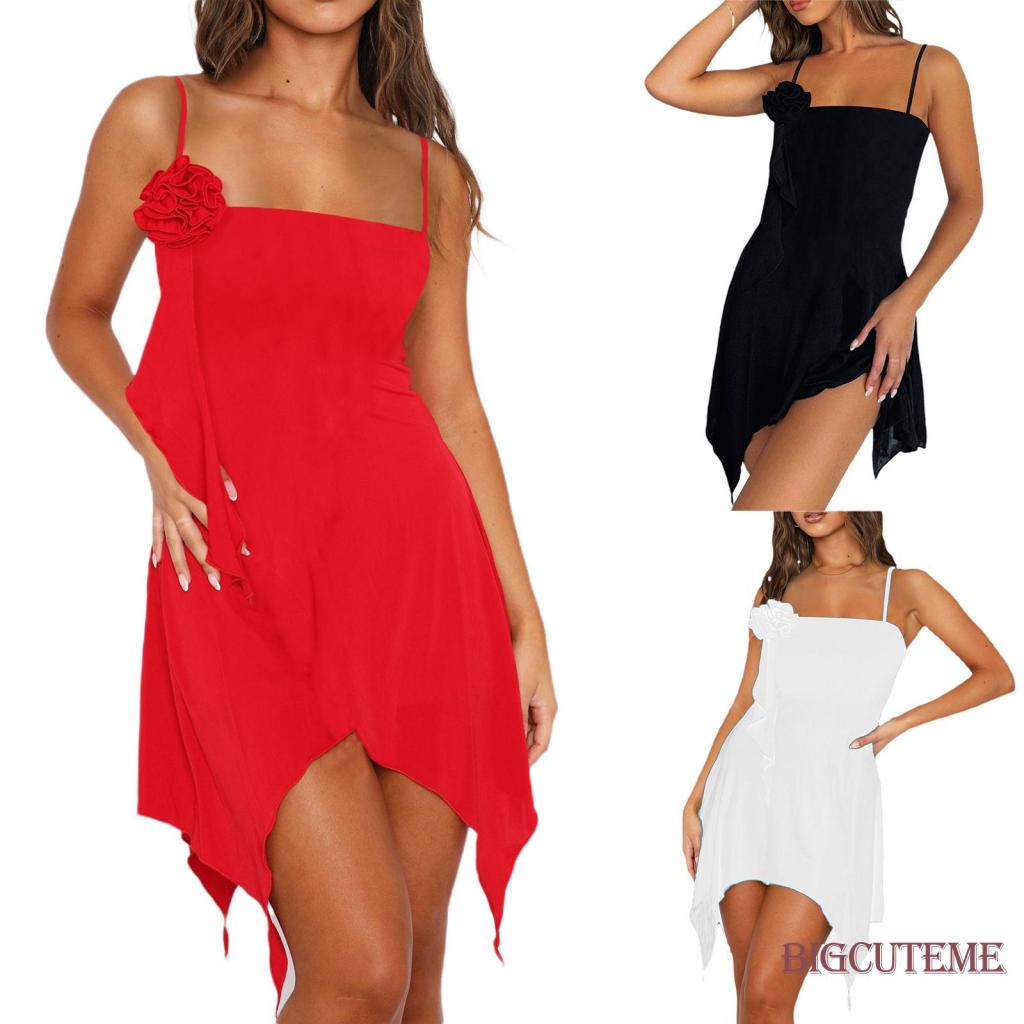 [] - Đầm Hai Dây Màu Trơn Họa Tiết Hoa Hai Dây Viền Độc Đáo Hở Lưng Màu Đỏ / Đen / Trắng Mùa Hè Cho Nữ