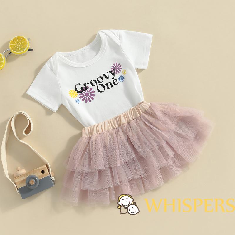 Set Đồ Mùa Hè 2 Món Gồm Áo Liền Quần In Chữ Tay Cộc + Váy Tutu Ren Cho Bé Gái