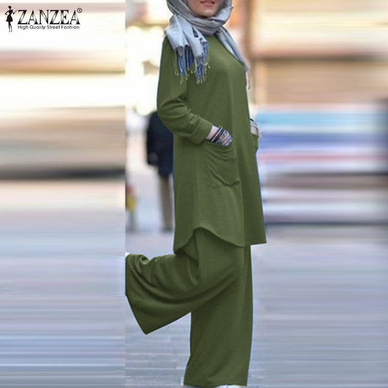 Zanzea Set Áo Lửng Và Quần Dài Ống Rộng Phong Cách Đường Phố Hồi Giáo Dành Cho Nữ
