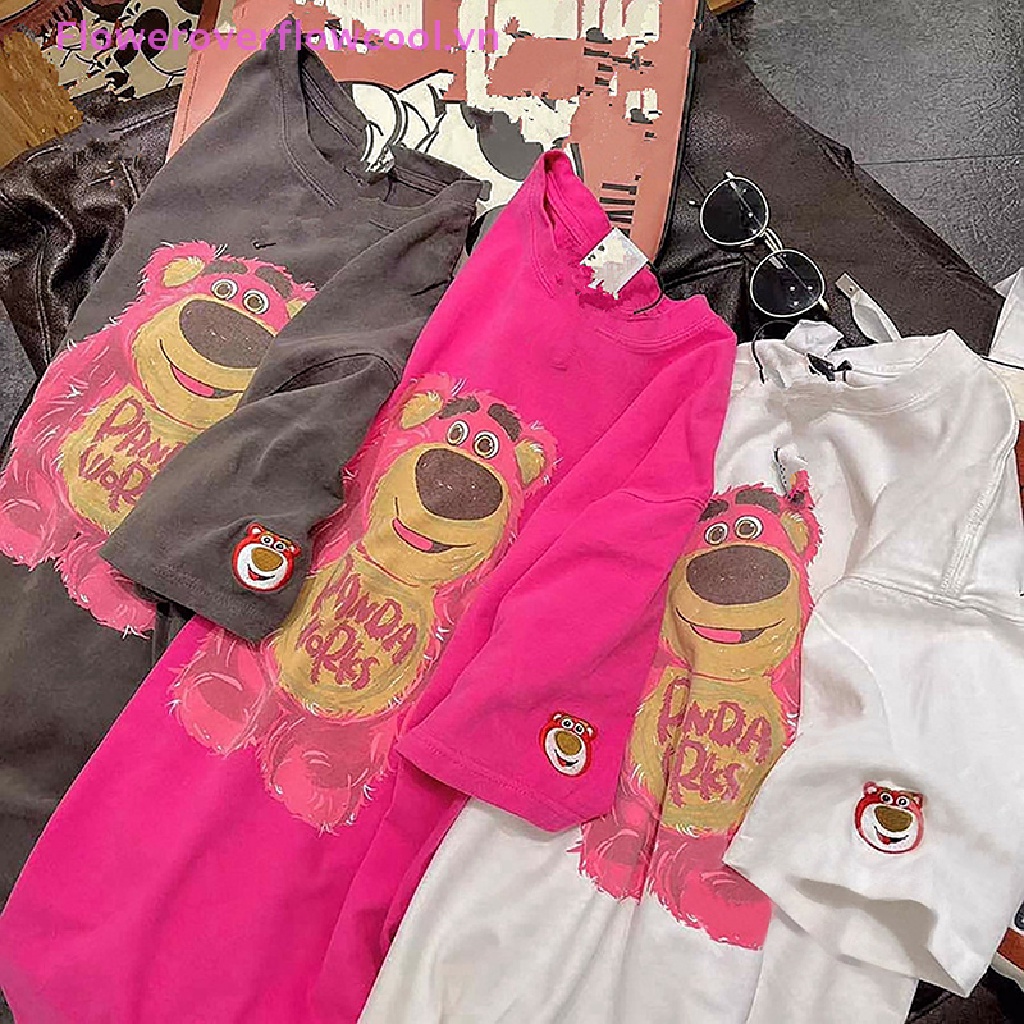 Áo Thun Tay Ngắn Dáng Rộng In Hình Gấu Và Dâu Tây Dễ Thương Thời Trang Mùa Hè Phong Cách Hàn Quốc Cho Nữ
