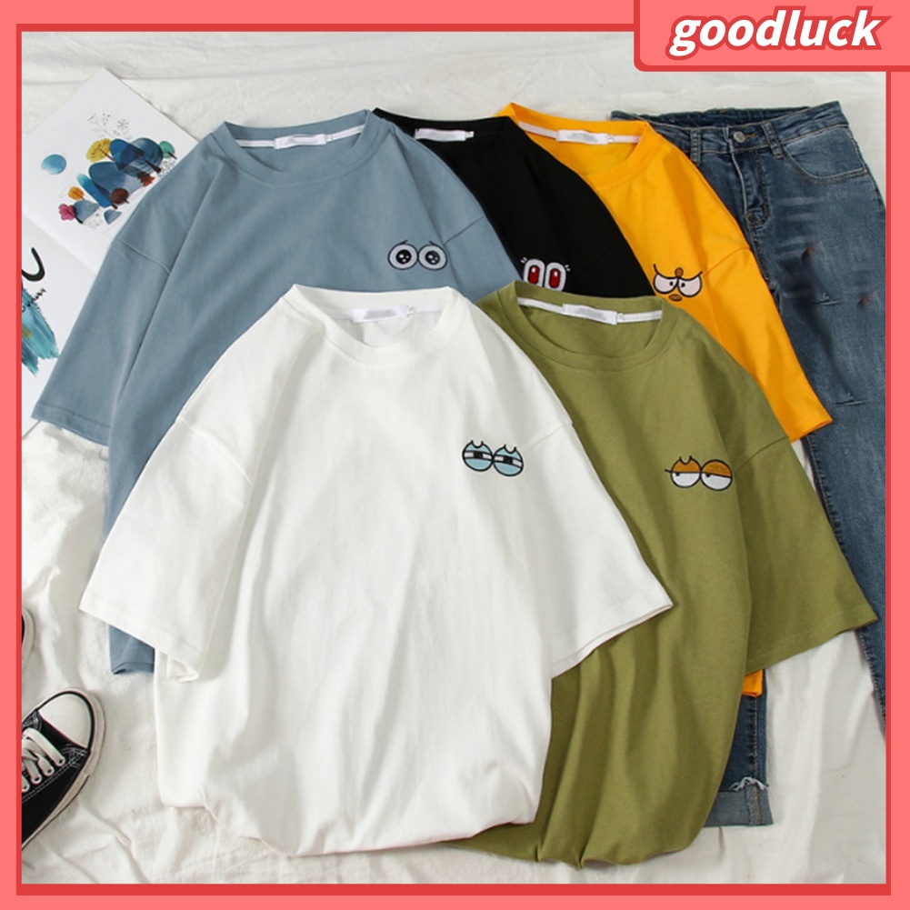 Áo Thun Tay Ngắn Cổ Tròn Thêu Họa Tiết Đôi Mắt Hoạt Hình Dành Cho Nữ