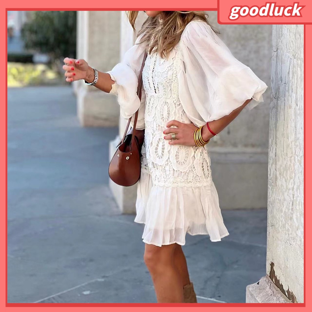 [ULK] Đầm Mini Tay Lỡ Viền Bèo Nhún Màu Trơn Thêu Ren Màu Trơn Họa Tiết Đường Phố