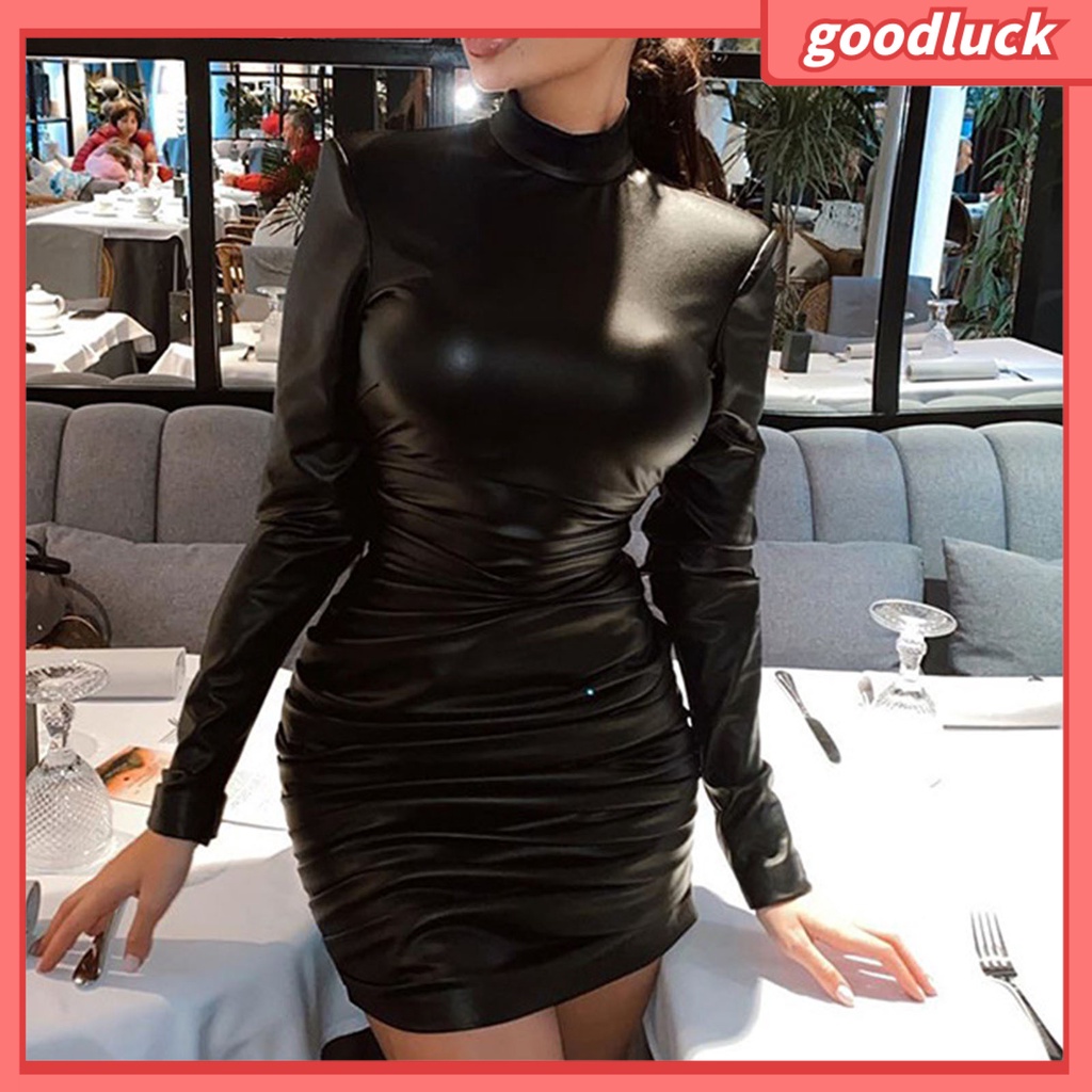 [GUC] Váy body Giả Da Tay Dài Cổ Lọ Xếp Ly Độ Co Giãn Cao Phong Cách Đường Phố Mùa Thu