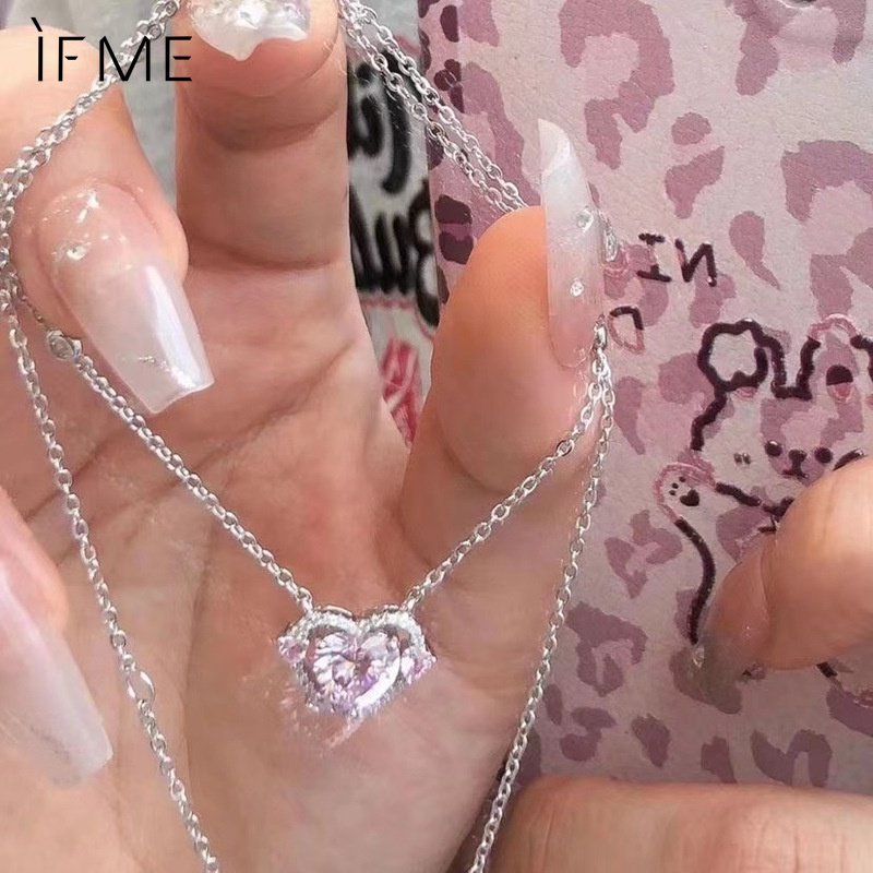 IF ME Vòng cổ Mặt Trái Tim Đính Đá Zircon Màu Hồng Ngọt Ngào Cho Nữ