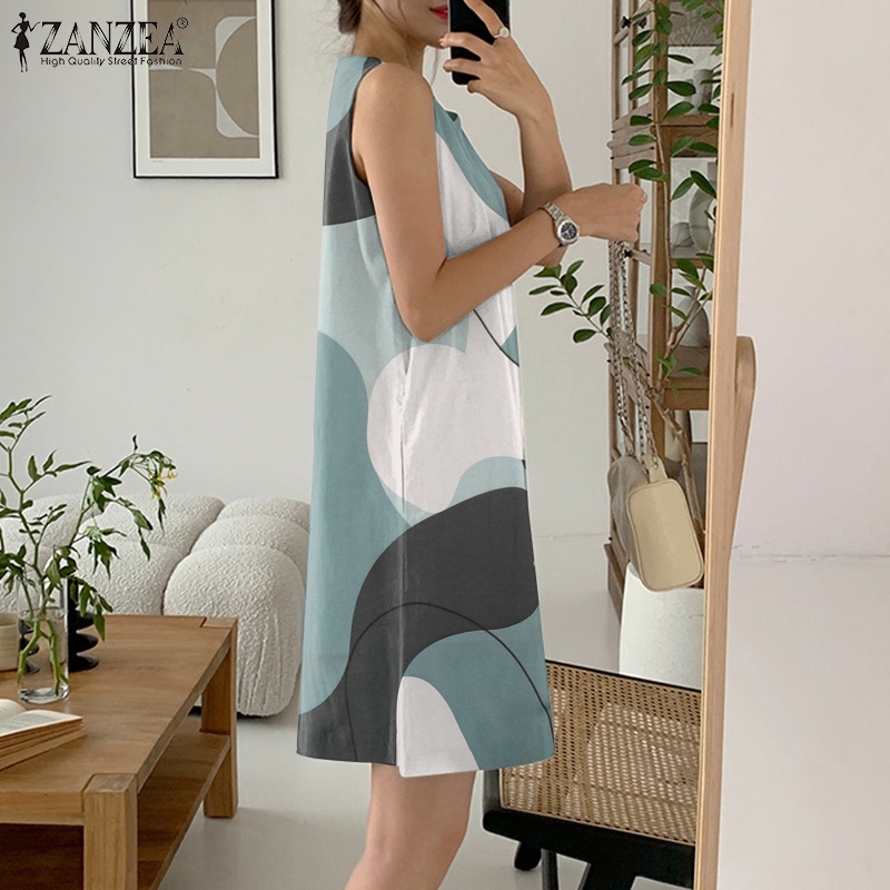 Zanzea Đầm Sát Nách Cổ Tròn In Họa Tiết Chữ H Phối Túi Sau Lưng Thời Trang Cho Nữ