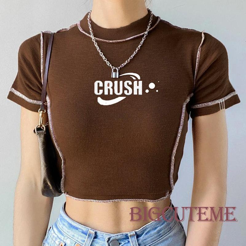 [] Áo Thun Crop Top Nữ Cổ Tròn Tay Ngắn In Chữ Stitch Màu Nâu Tương Phản