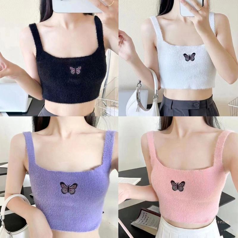 Áo Croptop Dệt Kim Sát Nách Thêu Họa Tiết Bươm Bướm Xinh Xắn Thời Trang Đi Biển Cho Nữ