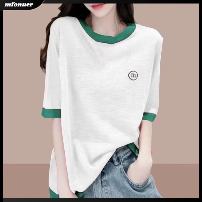 Áo Thun Mỏng Tay Ngắn Cổ Tròn Dáng Rộng Phối Màu Tương Phản Thời Trang Mùa Hè Cho Nữ