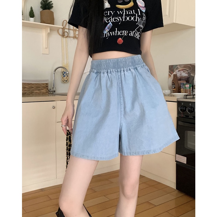Quần Short Denim Lưng Thun Ống Rộng Thời Trang Mùa Hè Hàn Quốc Mới