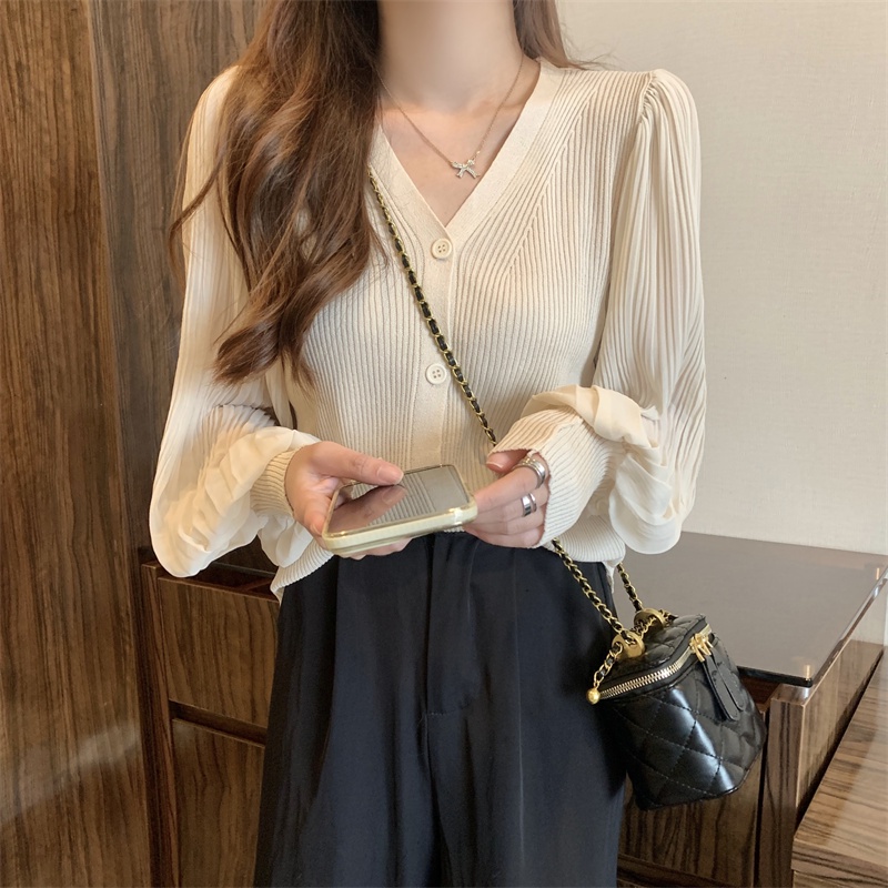 Áo Cardigan Dệt Kim Tay Phồng Ngắn Cổ Chữ V Màu Trơn Phong Cách Hàn Quốc Cho Nữ