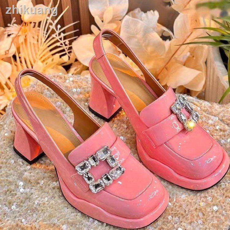 Giày Cao Gót Mũi Tròn Chất Liệu Da Bóng Đính Đá Chống Thấm Nước Thời Trang Cho Nữ