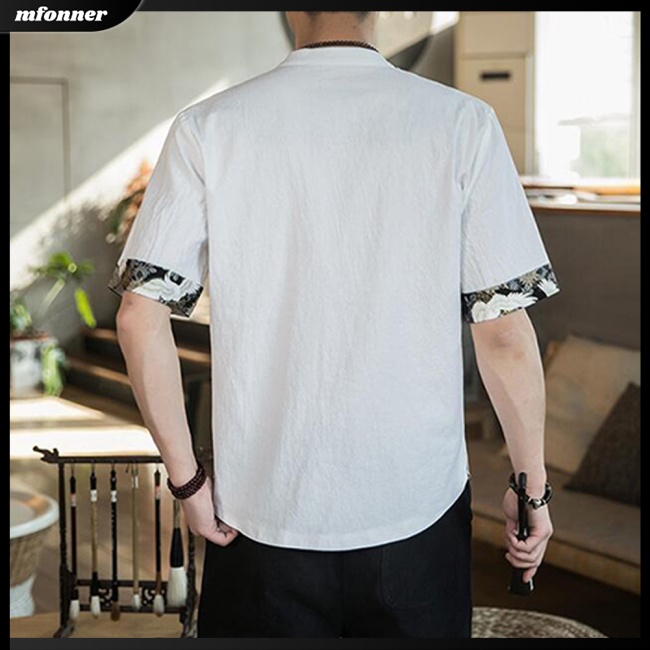 Áo Thun Cotton Lanh Ngắn Tay Dáng Rộng Thêu Họa Tiết Cá Tính Cho Nam Mùa Hè