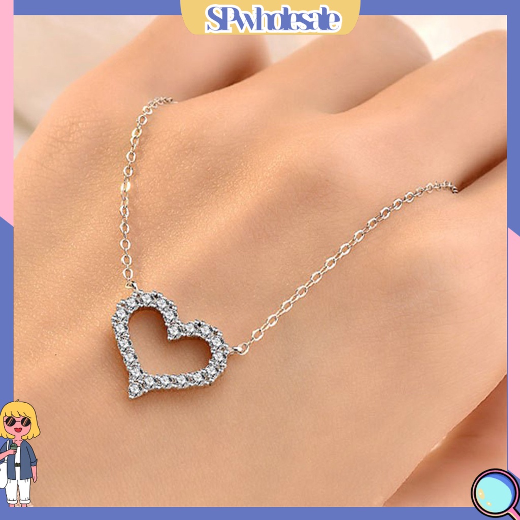 &lt;SPwholesale&gt; Vòng cổ Mạ Bạc Mặt Trái Tim Đính Kim Cương Giả Không Gây Dị Ứng Thanh Lịch Làm Quà Tặng Valentine Cho Nữ