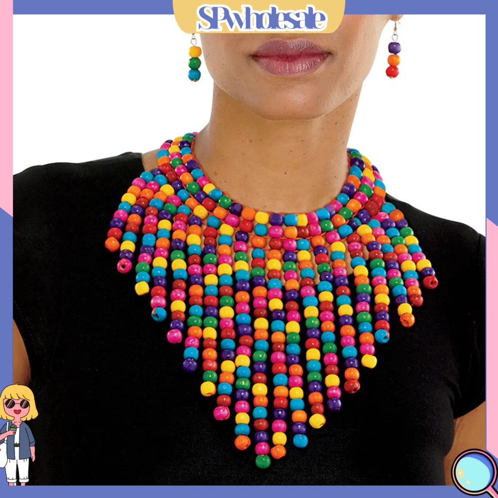 &lt;SPwholesale&gt; Vòng cổ Nhiều Lớp Đính Hạt Gỗ Tua Rua Phong Cách Boho Cổ Điển Cho Nữ