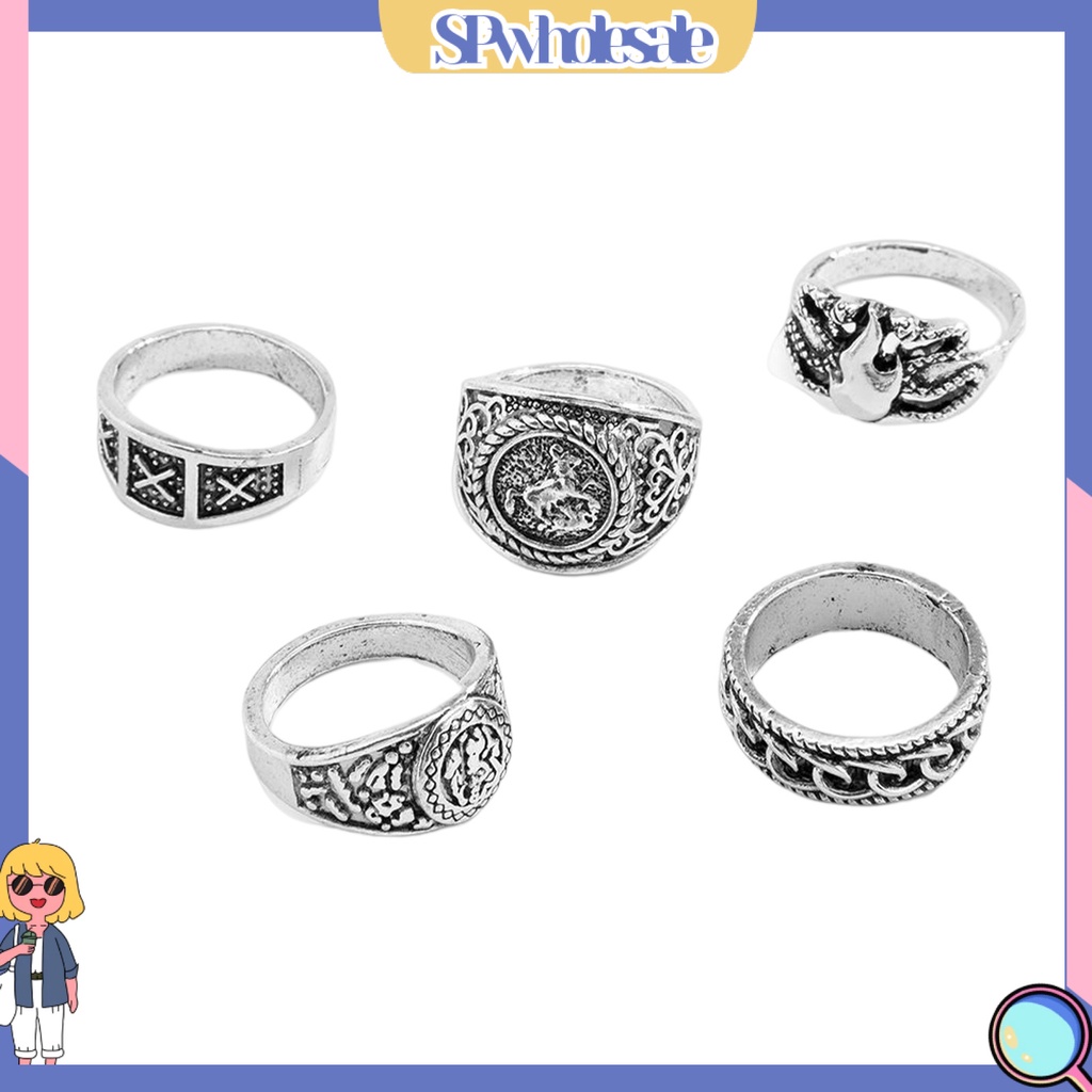 &lt;SPwholesale&gt; Set 5 Nhẫn Đeo Khớp Ngón Tay Họa Tiết Hình Học Sang Trọng