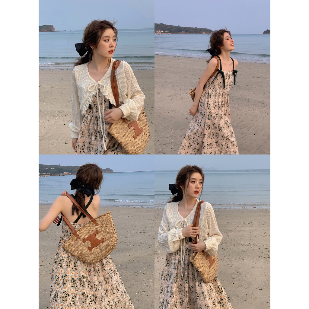 Set Áo Khoác Và Đầm Hai Dây Dáng Chữ A Dài In Họa Tiết Cô Gái Ngọt Ngào Thời Trang Xuân Hè Cho Nữ Plus Size