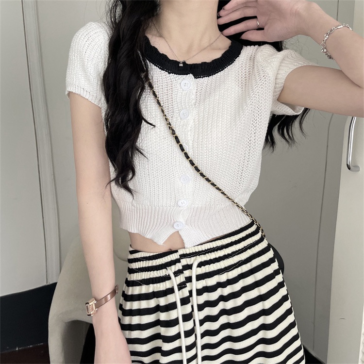 Áo len nữ dệt kim phối cổ màu croptop MS1130