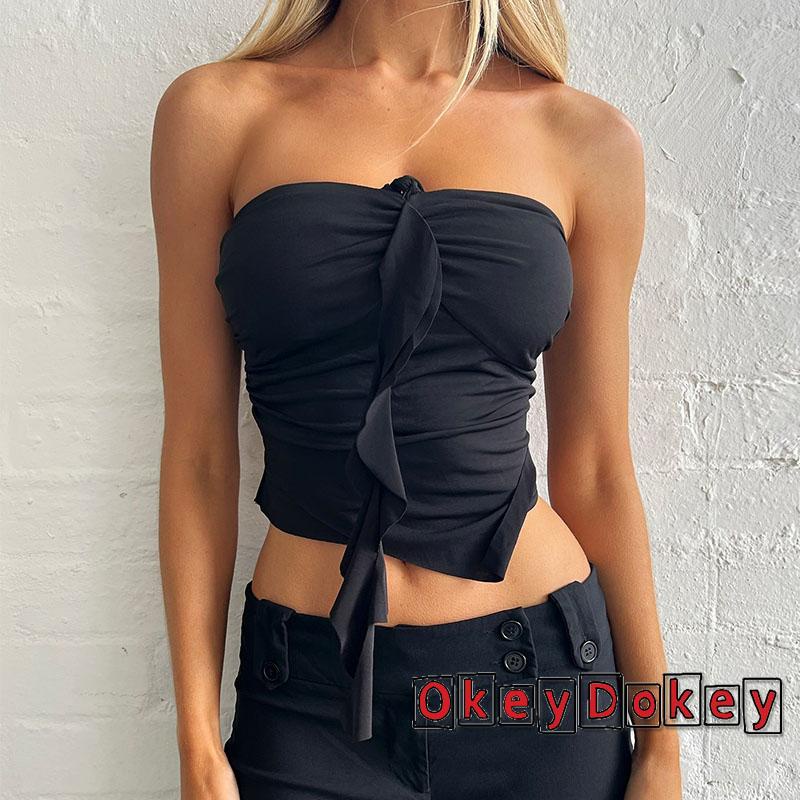 Áo Ống Nhún Bèo Không Dây Y2K In Họa Tiết Hoa 3D Cho Nữ