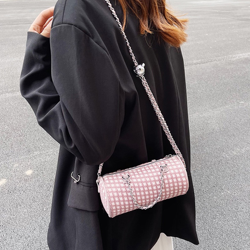 Túi Xách Đeo Vai Vải Bạt Hình Trụ Khóa Kéo Kẻ Sọc Caro Ngọt Ngào Cho Nữ