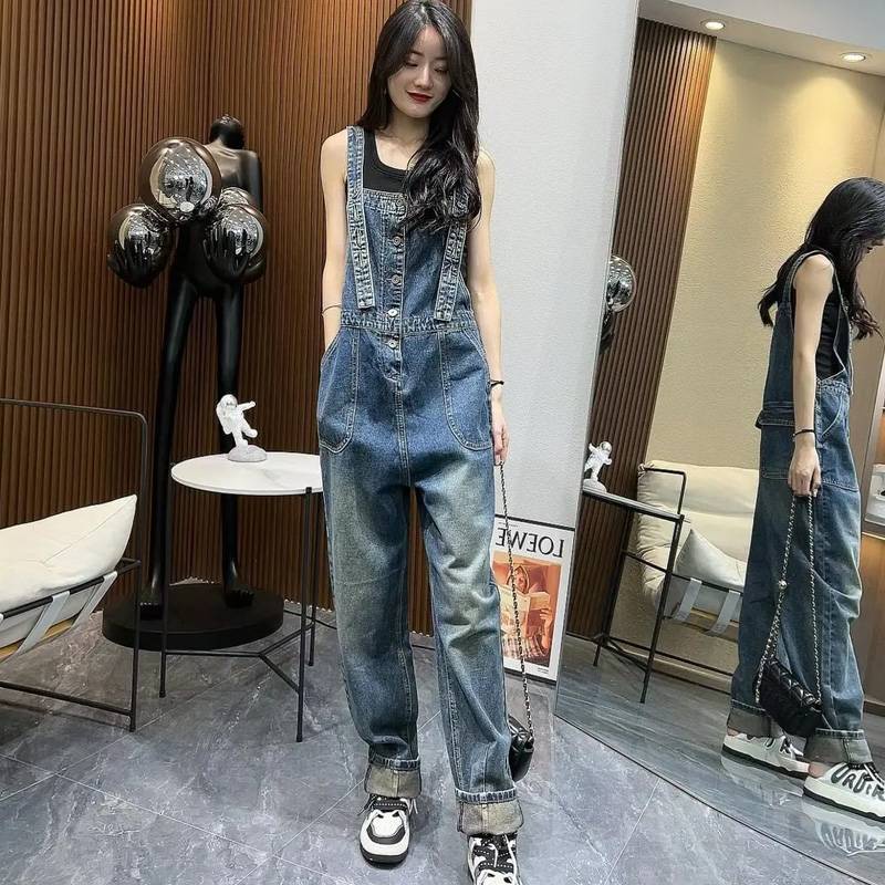 * * Qu n Y m Áo Liền Quần Yếm Denim Dáng Suông Ống Rộng Lưng Cao Thiết Kế Xuân Thu 2023 Phong Cách Mới Cho Nữ