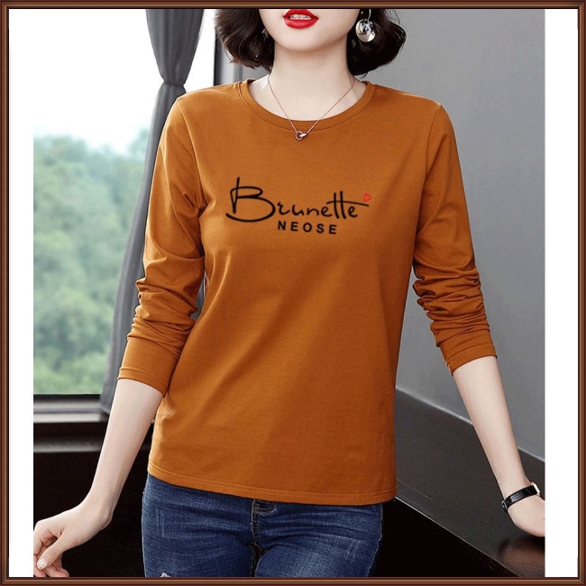 Áo Thun Tay Dài Cổ Tròn In Chữ Plus Size Cho Nữ