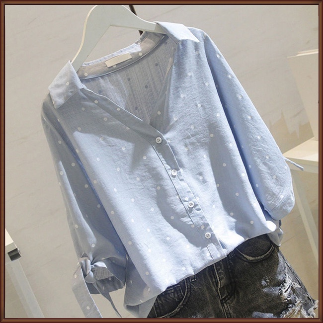 Áo Sơ Mi Cotton Chữ A Tay Lửng Cổ Chữ V Họa Tiết Chấm Bi Thời Trang Xuân Thu Cho Nữ