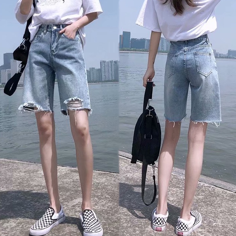 IELGY    Quần Short denim Rách Lưng Cao Dáng Chữ a Thời Trang Cho Nữ